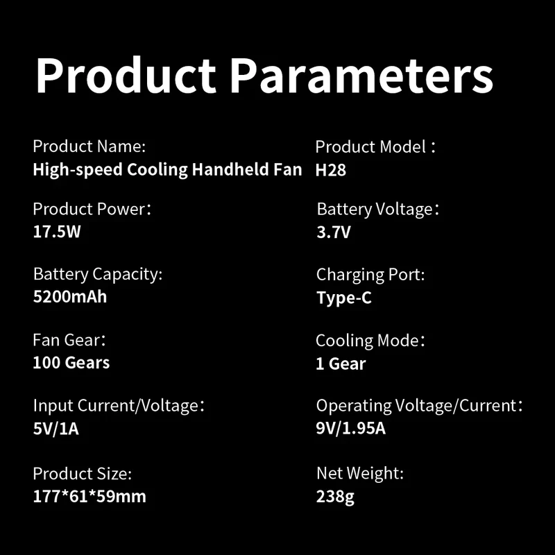 5200mAh Large Capacity Handheld Fan High Speed Refrigeration Handheld Fan 100 Speed USB Charging Portable Fan