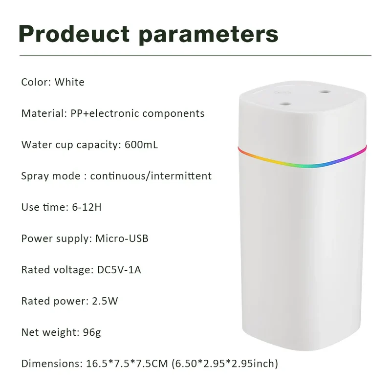 600ML Air Humidifier USB Charging Essential Oil Purifier Aroma Diffuser Aromatherapy Mist Maker Lights for Home Office Car