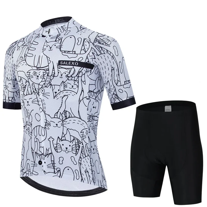 Cat Black and White Cycling Jersey Set Men's Summer Short Sleeve Bicycle MTB Bike Clothing Cartoon Maillot Ciclismo Uniform Suit