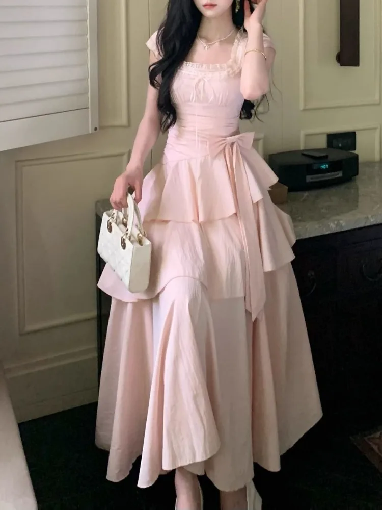 Pink Square Collar Korean Style Long Dress Women Japan Style Sweet Elegant Fairy Dress Female Fashion Summer Casual Party Dress