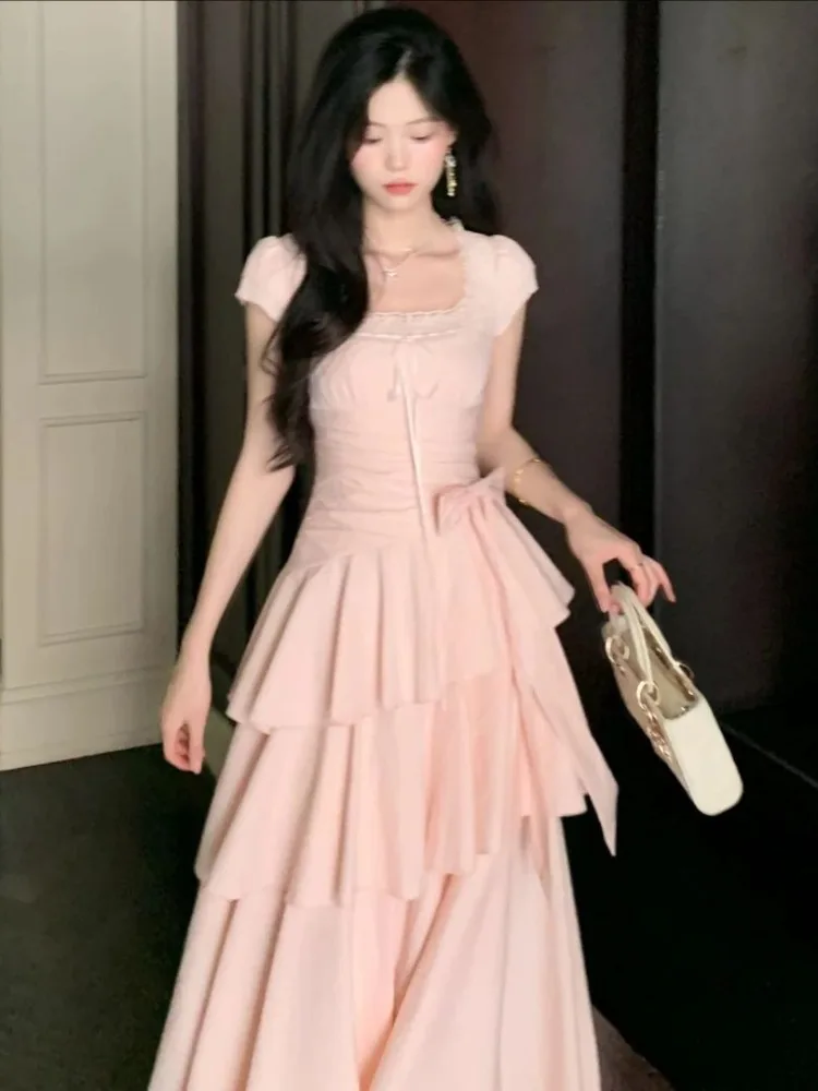 Pink Square Collar Korean Style Long Dress Women Japan Style Sweet Elegant Fairy Dress Female Fashion Summer Casual Party Dress