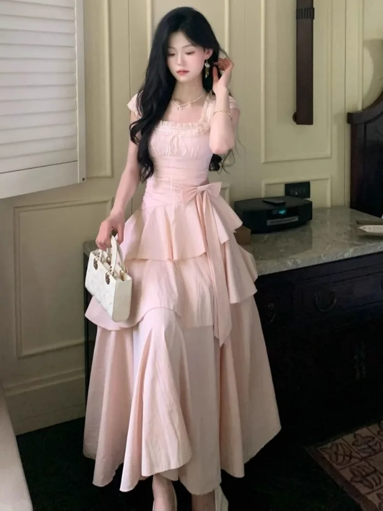 Pink Square Collar Korean Style Long Dress Women Japan Style Sweet Elegant Fairy Dress Female Fashion Summer Casual Party Dress