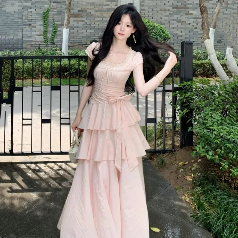 Pink Square Collar Korean Style Long Dress Women Japan Style Sweet Elegant Fairy Dress Female Fashion Summer Casual Party Dress