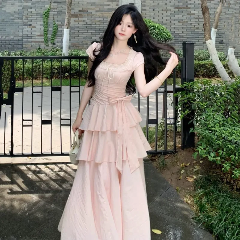 Pink Square Collar Korean Style Long Dress Women Japan Style Sweet Elegant Fairy Dress Female Fashion Summer Casual Party Dress
