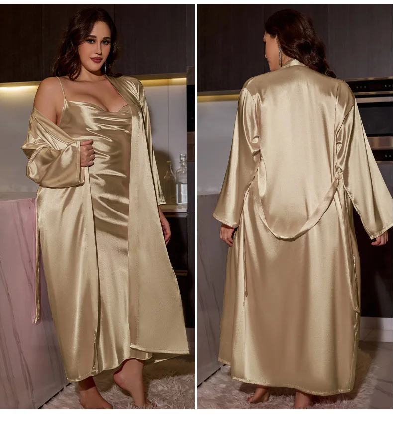 Plus Size 3XL 4XL 5XL Nighty&Robe Set Sexy Bride Long Wedding Bathrobe Dress Spring Summer New Sleepwear Loose Satin Home Wear