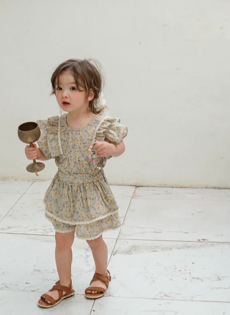 Kids Girls Cute Shirts and Shorts Skirts Outfit Set 2026 Summer New Korea Children Floral Fringed Shirts Skirts Clothes Set