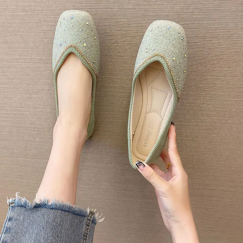 Shoes for Woman 2025 Diamond Flats Women's Summer Footwear Flat Square Toe Pink with Crystals Rhinestone Office 39 Beau Today E