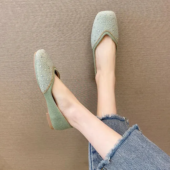 Shoes for Woman 2025 Diamond Flats Women's Summer Footwear Flat Square Toe Pink with Crystals Rhinestone Office 39 Beau Today E