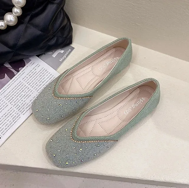Shoes for Woman 2025 Diamond Flats Women's Summer Footwear Flat Square Toe Pink with Crystals Rhinestone Office 39 Beau Today E