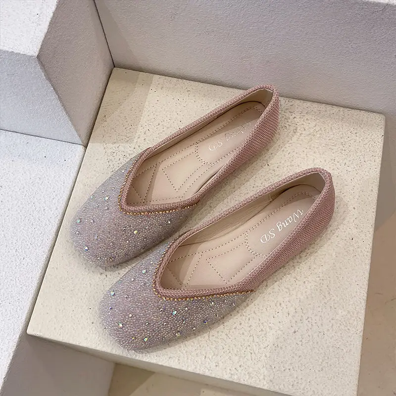 Shoes for Woman 2025 Diamond Flats Women's Summer Footwear Flat Square Toe Pink with Crystals Rhinestone Office 39 Beau Today E
