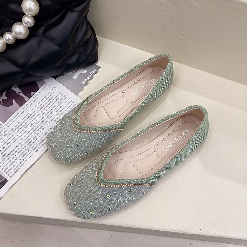 Shoes for Woman 2025 Diamond Flats Women's Summer Footwear Flat Square Toe Pink with Crystals Rhinestone Office 39 Beau Today E