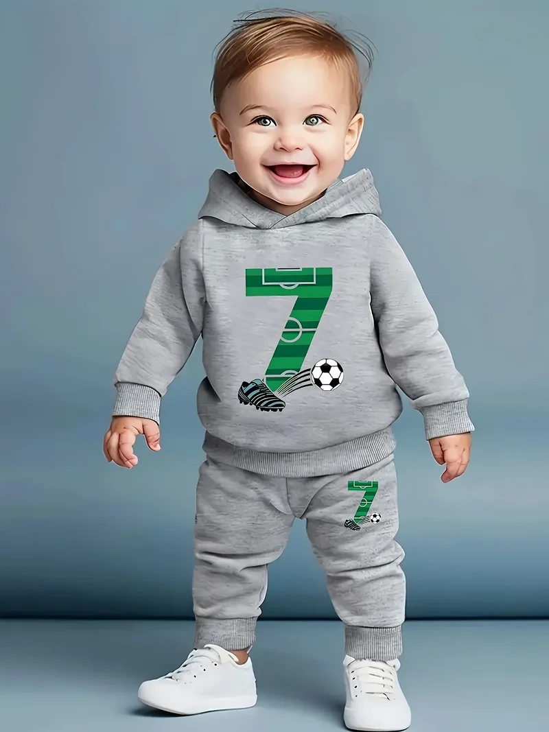 Newborn Baby Boy Football Pattern Long Sleeve Fleece Hoodie And Casual Sports Pants Set Spring Autumn Outdoor Gift