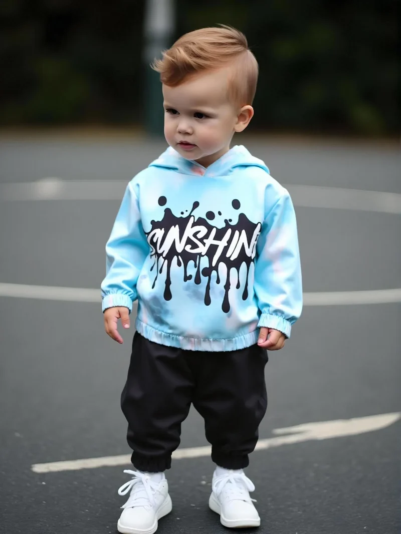 2-piece set of fashionable casual letter printed tie dye hooded long sleeved top and pants for baby boys, autumn and winter