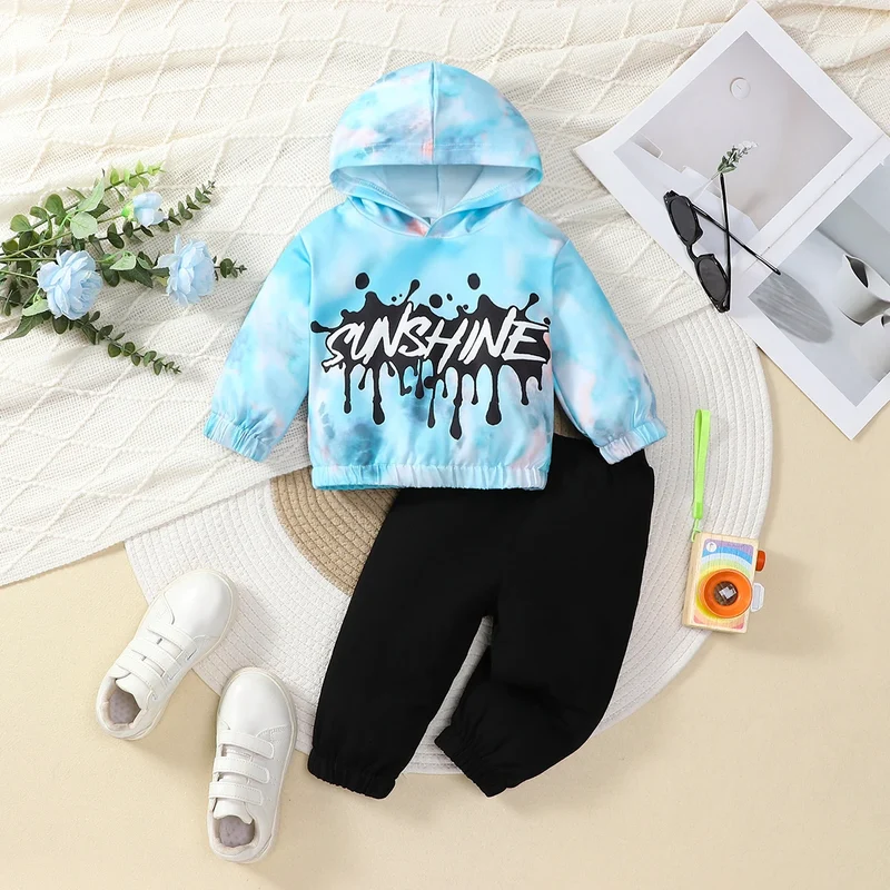 2-piece set of fashionable casual letter printed tie dye hooded long sleeved top and pants for baby boys, autumn and winter