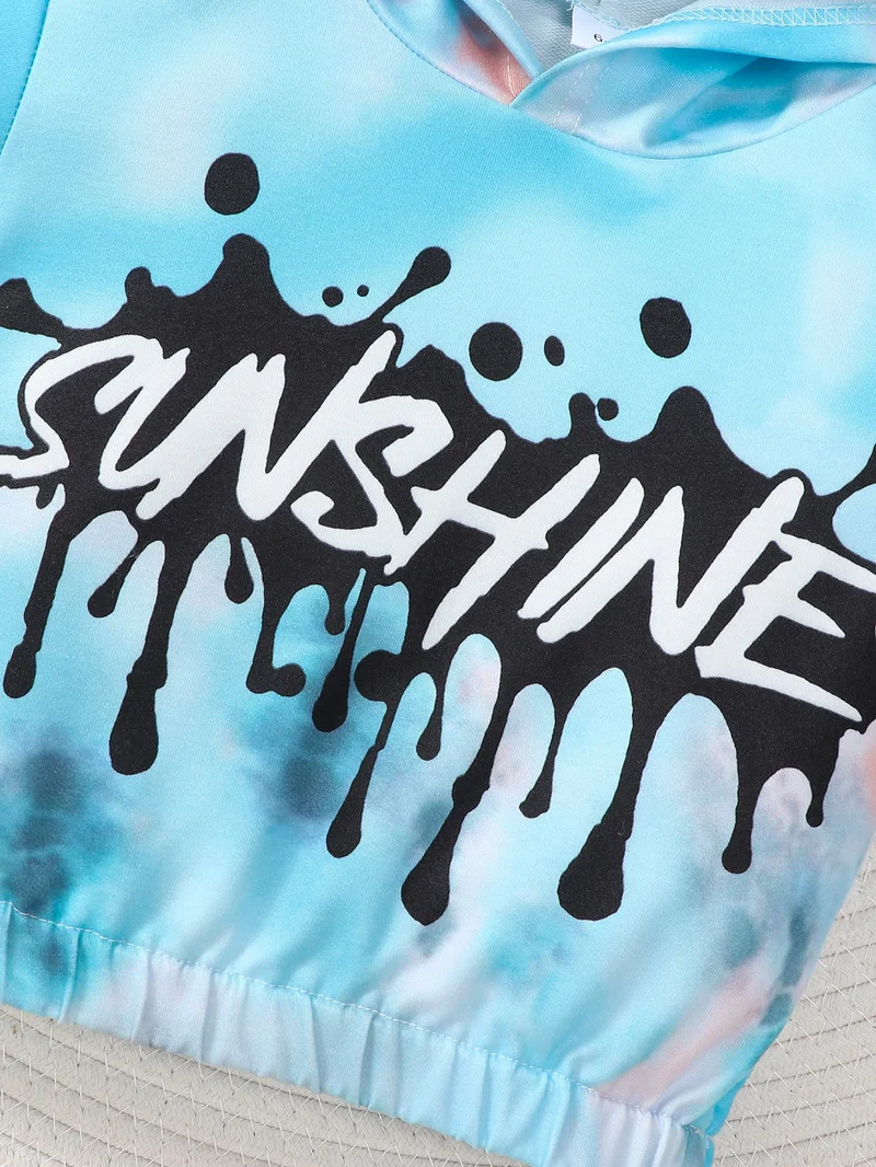 2-piece set of fashionable casual letter printed tie dye hooded long sleeved top and pants for baby boys, autumn and winter