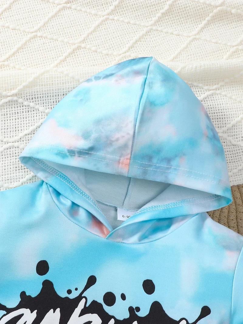 2-piece set of fashionable casual letter printed tie dye hooded long sleeved top and pants for baby boys, autumn and winter