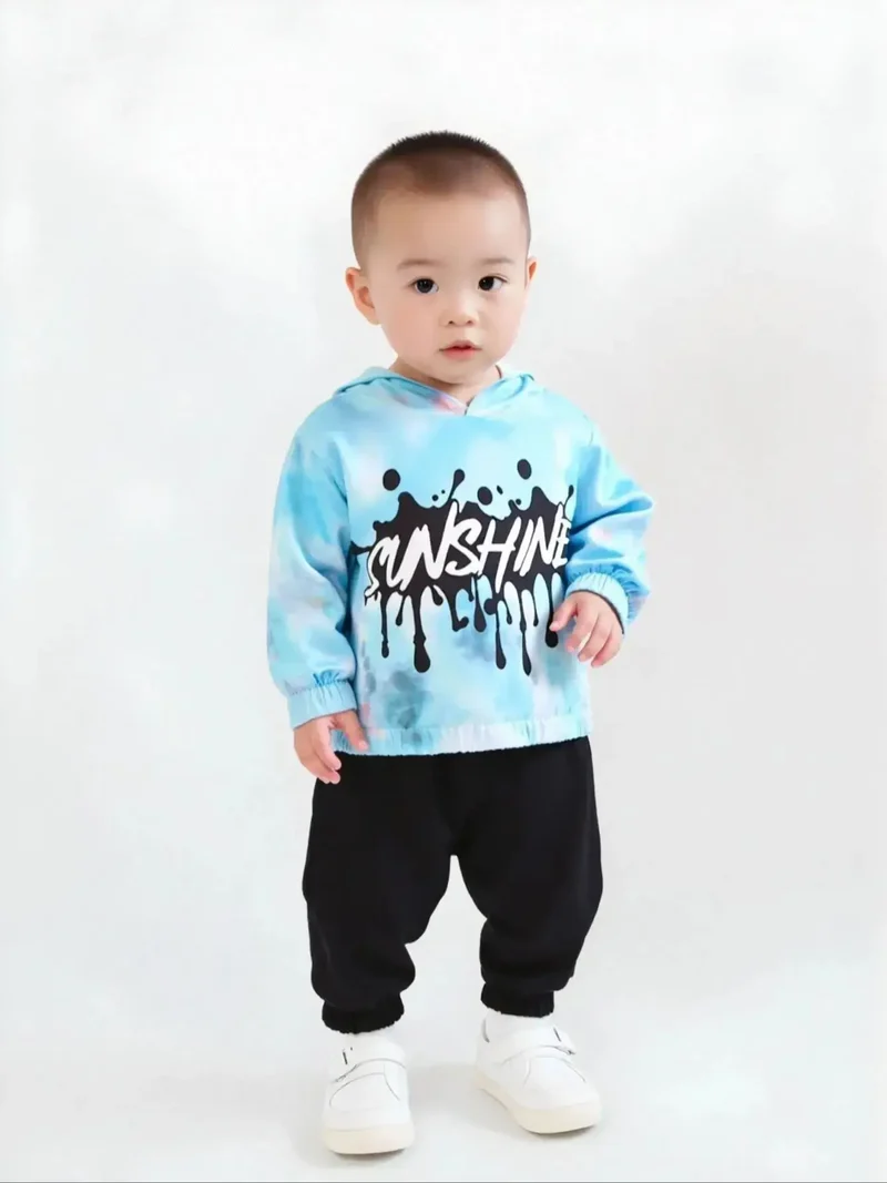 2-piece set of fashionable casual letter printed tie dye hooded long sleeved top and pants for baby boys, autumn and winter