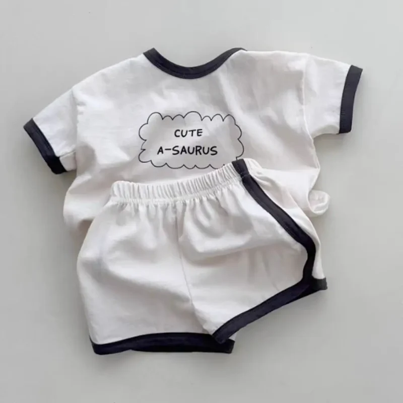 TZ24047 Summer New Sports Style Set New Letter Baby Round Neck Simple Casual T-shirt Shorts Two piece Set