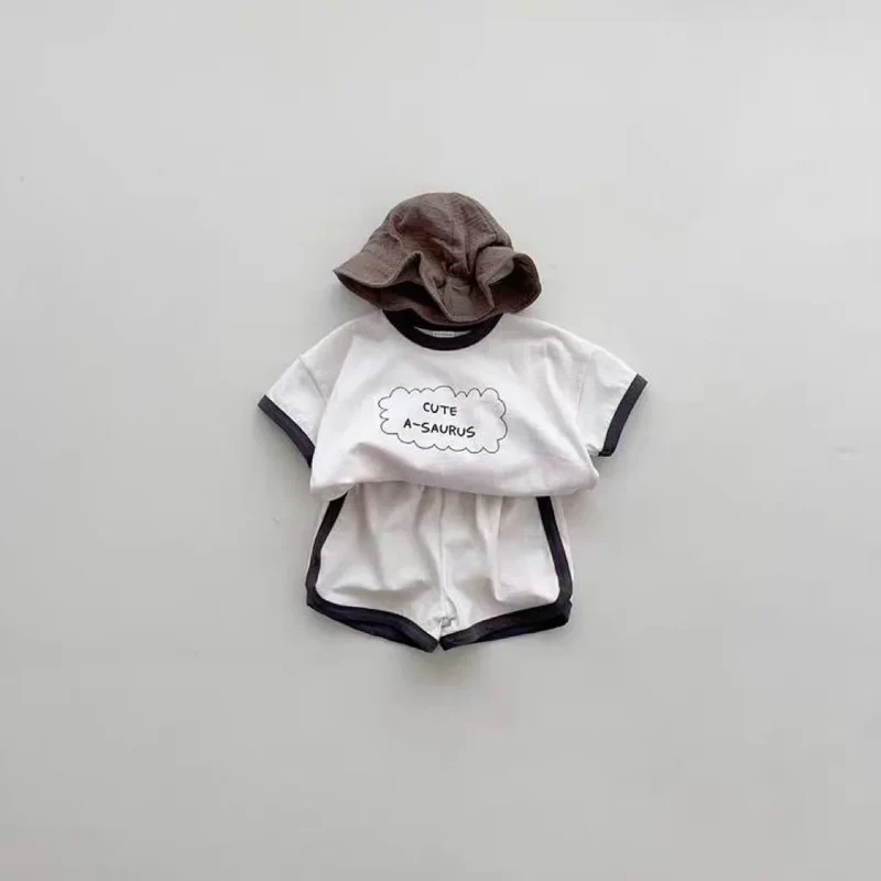 TZ24047 Summer New Sports Style Set New Letter Baby Round Neck Simple Casual T-shirt Shorts Two piece Set