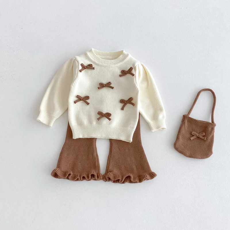 Baby Girl 3-Piece Knitted Outfit Set Autumn Cute Bowknot Cream Sweater + Brown Ruffle Flared Pants + Mini Bag Girls Clothing
