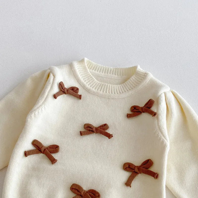 Baby Girl 3-Piece Knitted Outfit Set Autumn Cute Bowknot Cream Sweater + Brown Ruffle Flared Pants + Mini Bag Girls Clothing