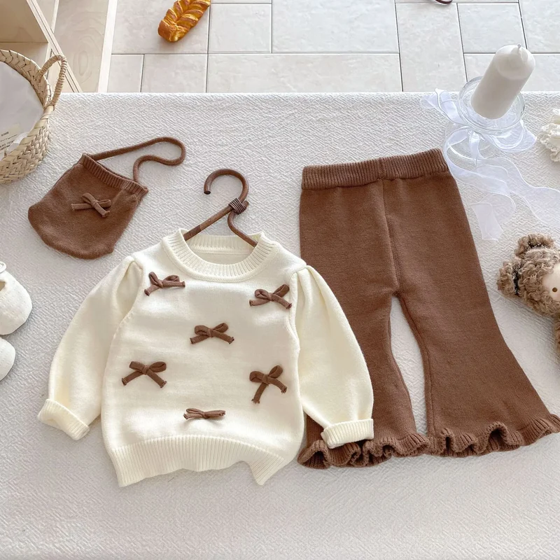 Baby Girl 3-Piece Knitted Outfit Set Autumn Cute Bowknot Cream Sweater + Brown Ruffle Flared Pants + Mini Bag Girls Clothing