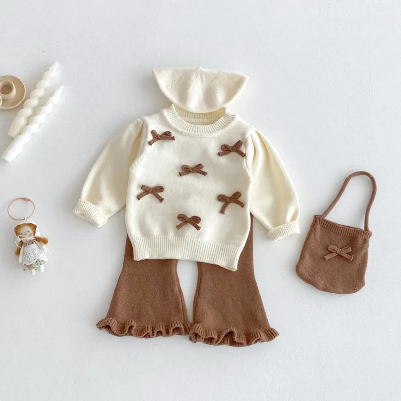 Baby Girl 3-Piece Knitted Outfit Set Autumn Cute Bowknot Cream Sweater + Brown Ruffle Flared Pants + Mini Bag Girls Clothing