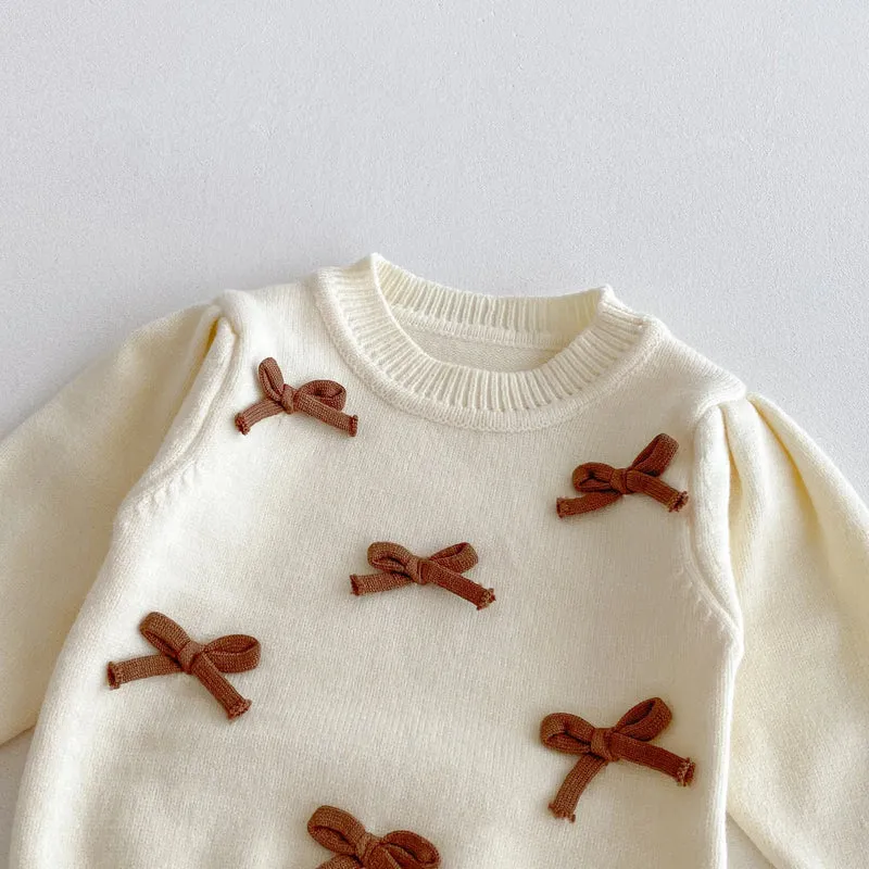Baby Girl 3-Piece Knitted Outfit Set Autumn Cute Bowknot Cream Sweater + Brown Ruffle Flared Pants + Mini Bag Girls Clothing