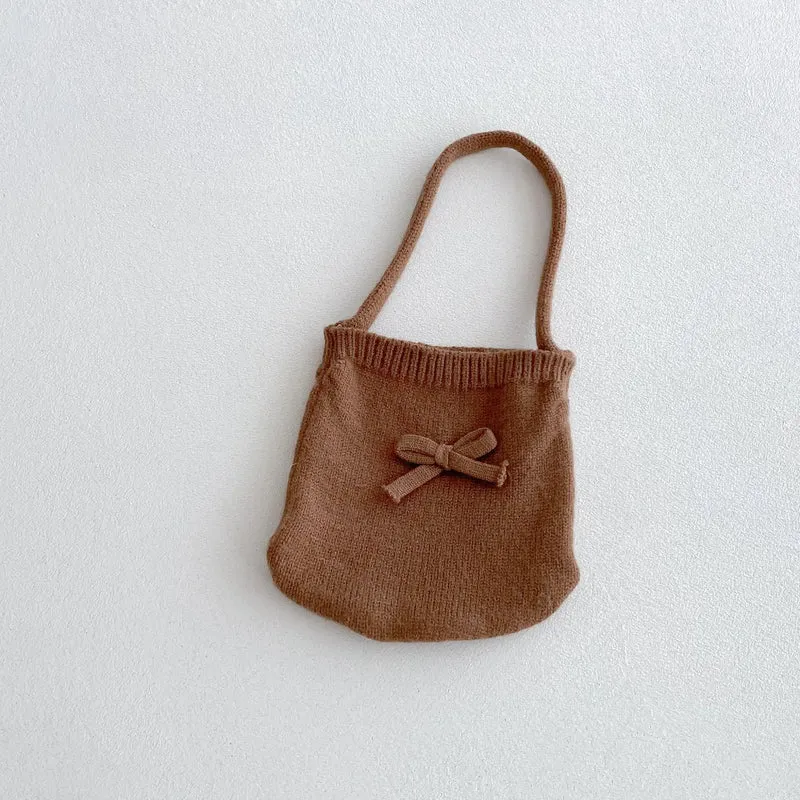 Baby Girl 3-Piece Knitted Outfit Set Autumn Cute Bowknot Cream Sweater + Brown Ruffle Flared Pants + Mini Bag Girls Clothing