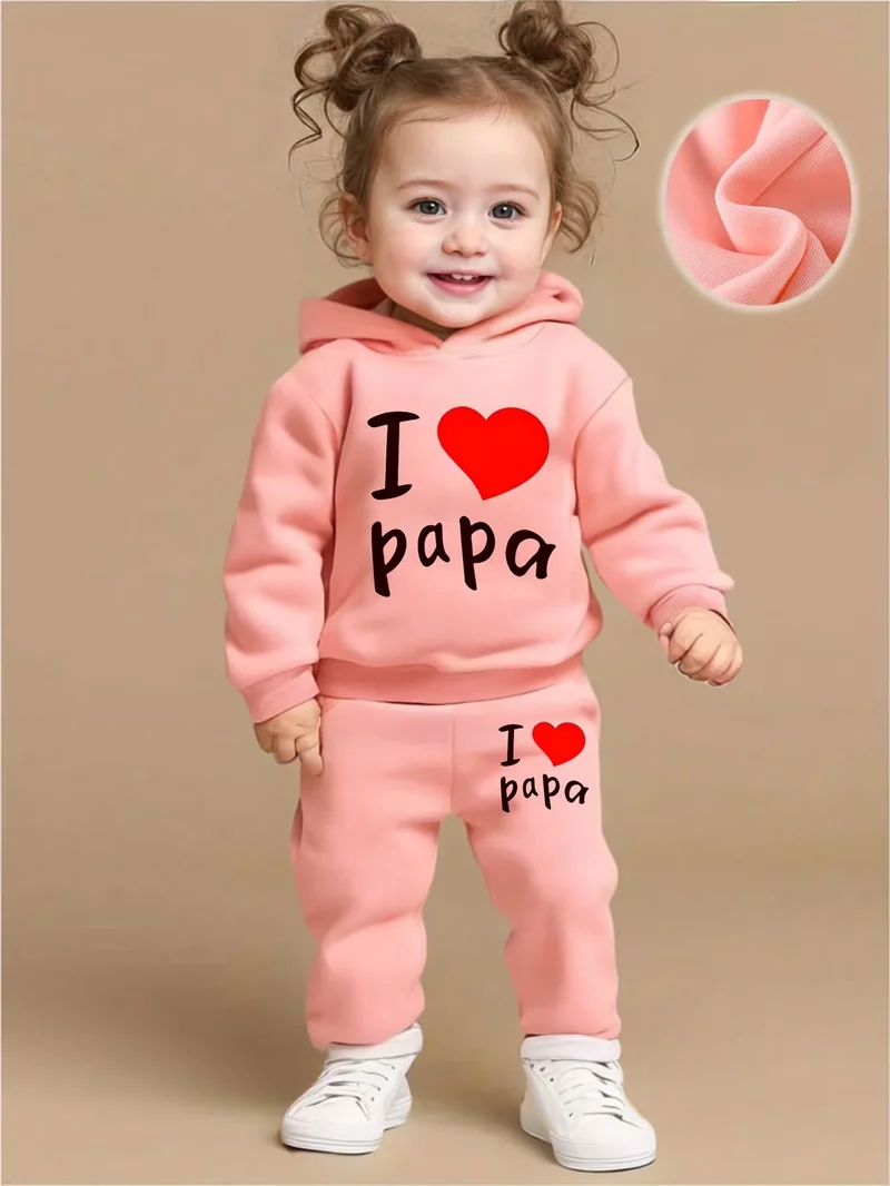 Newborn baby girl's English printed fleece hoodie and sporty casual pants are suitable for outdoor use
