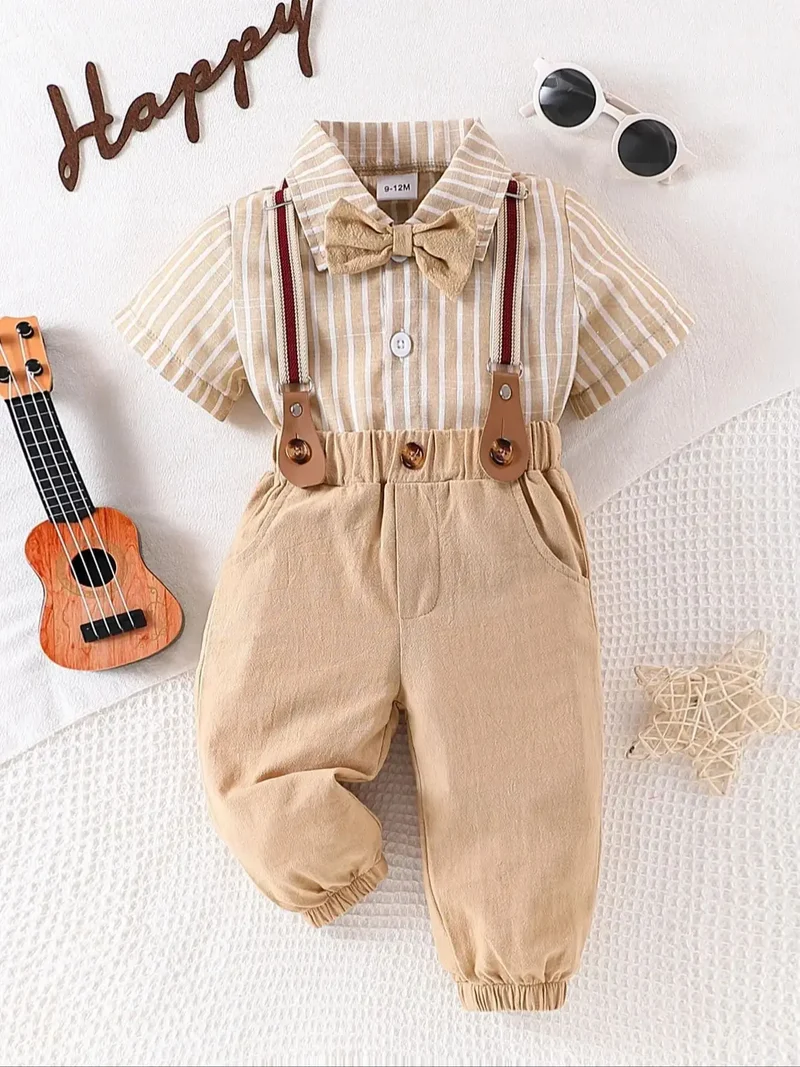 2-piece set of male baby gentleman's clothing, short sleeved shirt, bow tie, tie and suspender, long pants, spring and summer