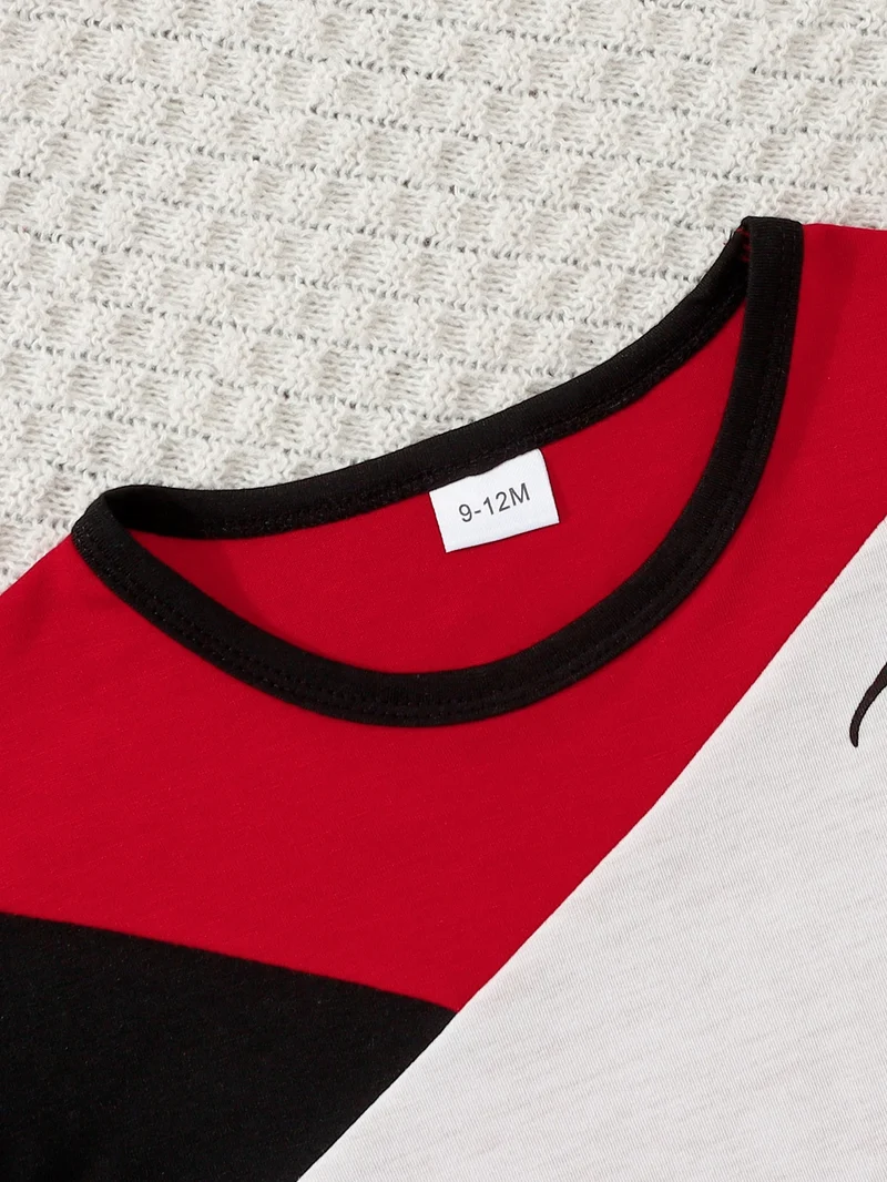 Summer Baby Boys 6-12M Red Black White Color Block "Future" Print Short Sleeve T-Shirt & Elastic Waist Shorts 2Pcs Set Casual Da