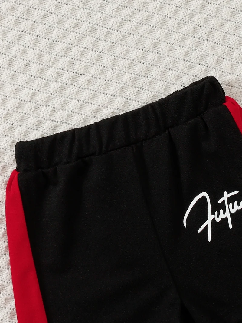 Summer Baby Boys 6-12M Red Black White Color Block "Future" Print Short Sleeve T-Shirt & Elastic Waist Shorts 2Pcs Set Casual Da