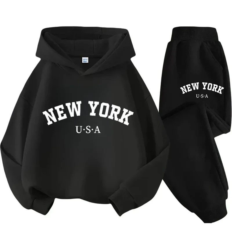 Autumn Warm New York Letter Cool Graphic Print Children Long Sleeve Hoodie +pant Suit 2pcs Set Sweatshirt Boy Girl Kid Sportwear