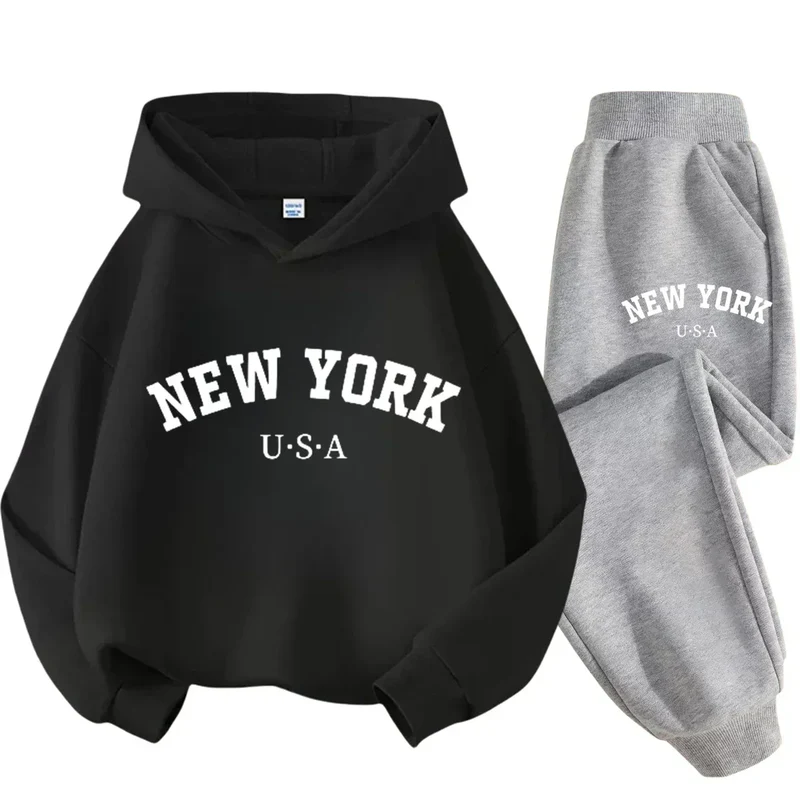 Autumn Warm New York Letter Cool Graphic Print Children Long Sleeve Hoodie +pant Suit 2pcs Set Sweatshirt Boy Girl Kid Sportwear