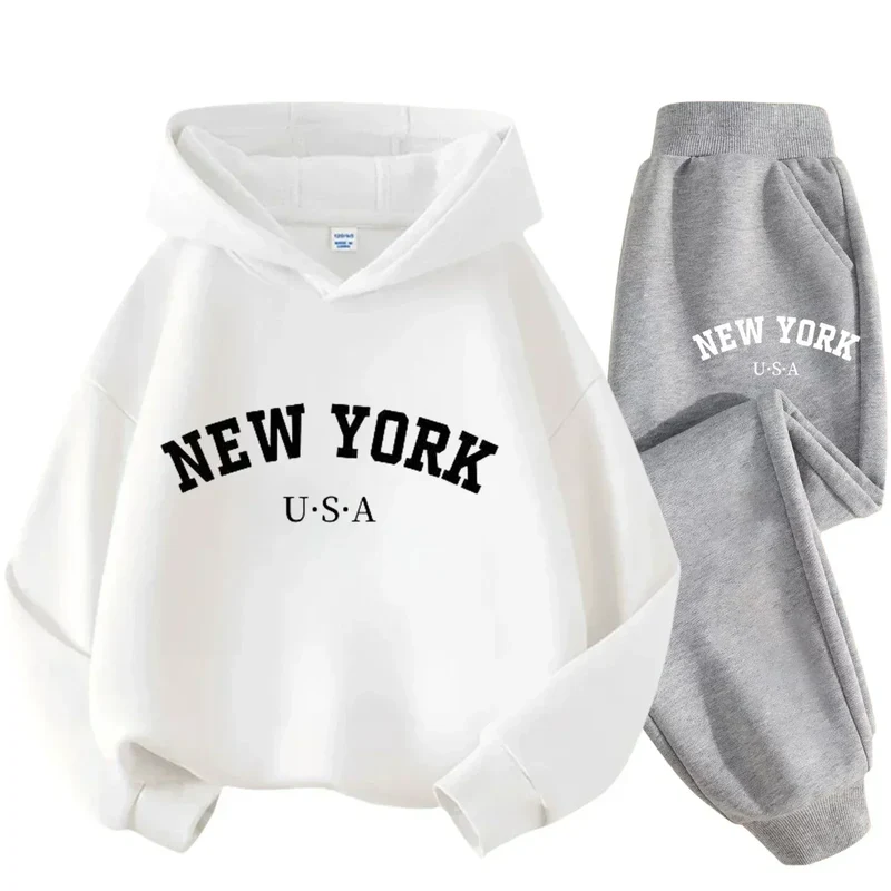Autumn Warm New York Letter Cool Graphic Print Children Long Sleeve Hoodie +pant Suit 2pcs Set Sweatshirt Boy Girl Kid Sportwear