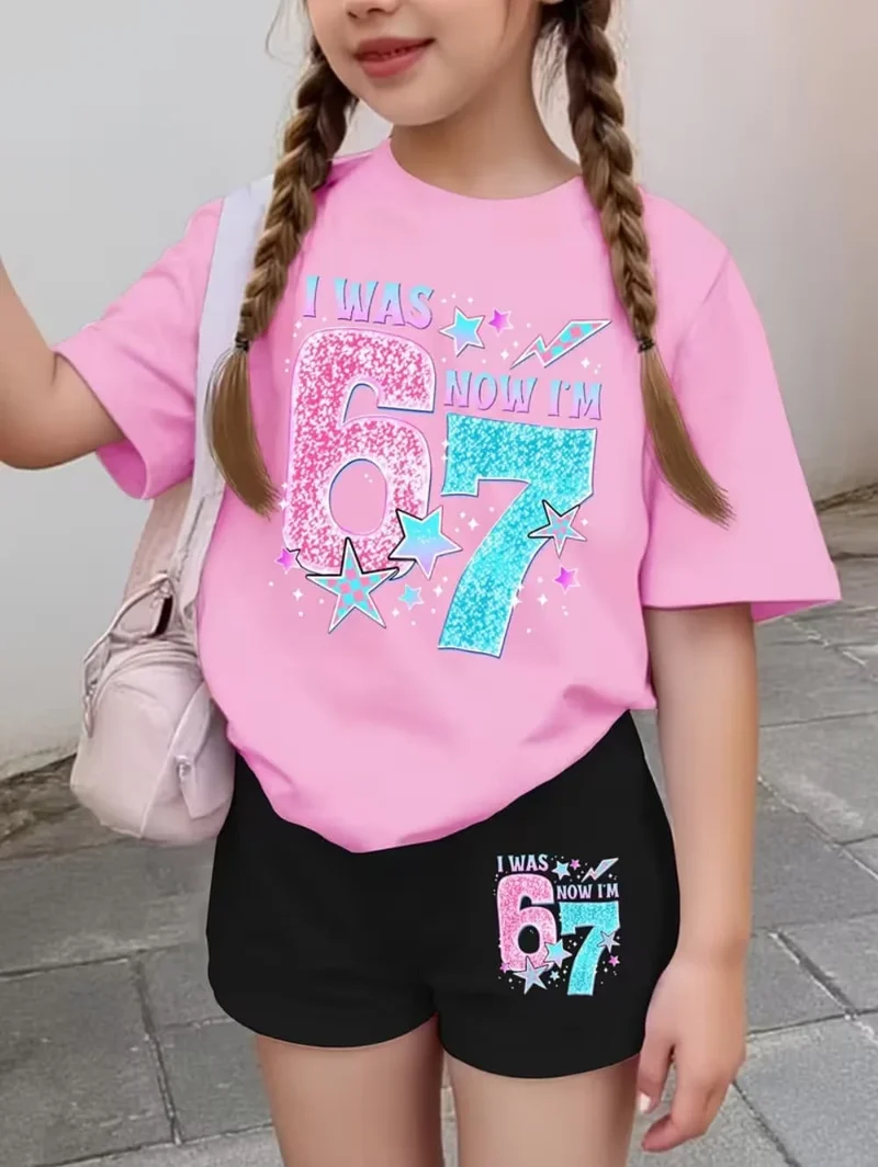 67 Six Seven Girls Clothes Cute Bows Flowers Print Girls Short Sleeve T-Shirt + Pants Set Casual Fashion Children's Clothes Tops