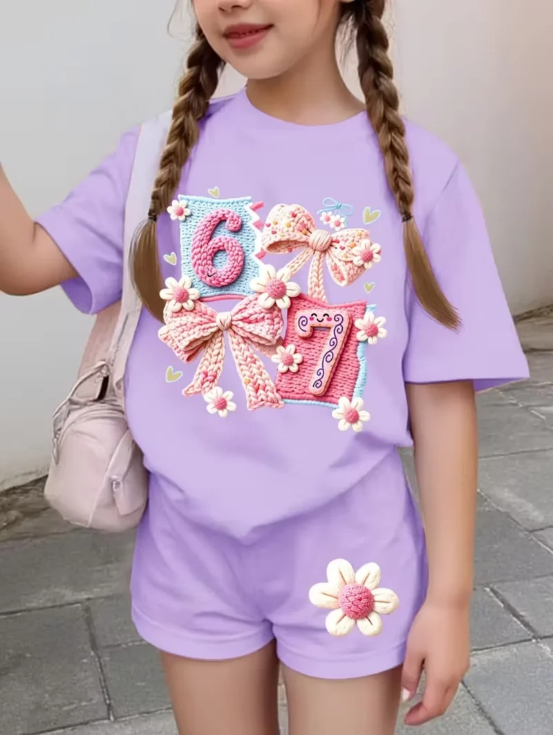 67 Six Seven Girls Clothes Cute Bows Flowers Print Girls Short Sleeve T-Shirt + Pants Set Casual Fashion Children's Clothes Tops