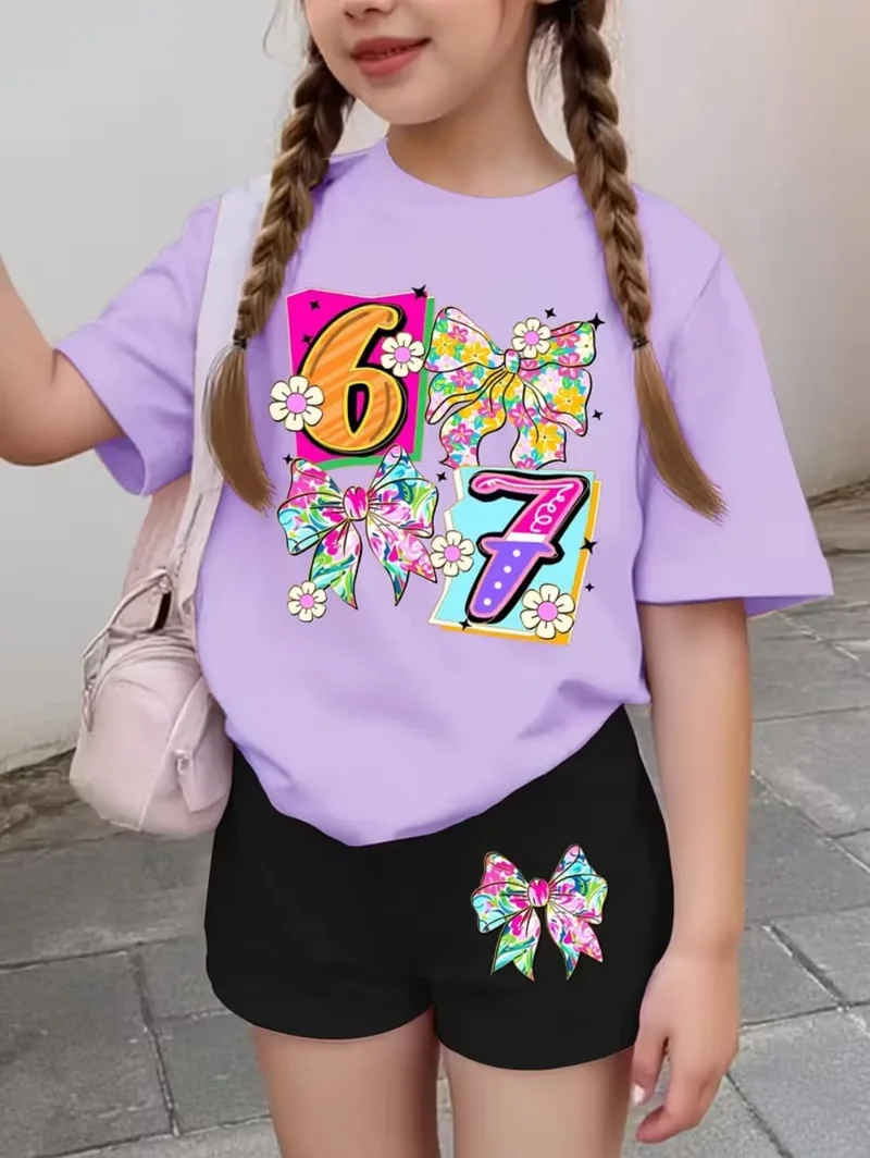 67 Six Seven Girls Clothes Cute Bows Flowers Print Girls Short Sleeve T-Shirt + Pants Set Casual Fashion Children's Clothes Tops