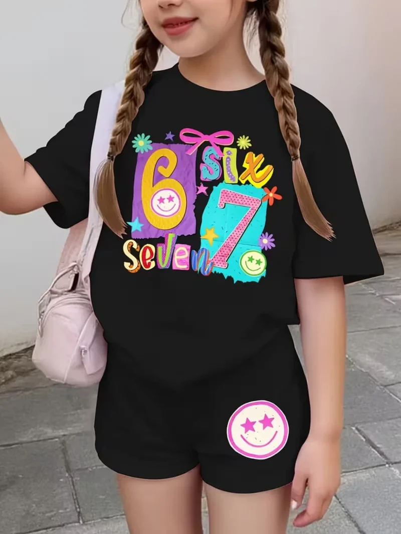 67 Six Seven Girls Clothes Cute Bows Flowers Print Girls Short Sleeve T-Shirt + Pants Set Casual Fashion Children's Clothes Tops