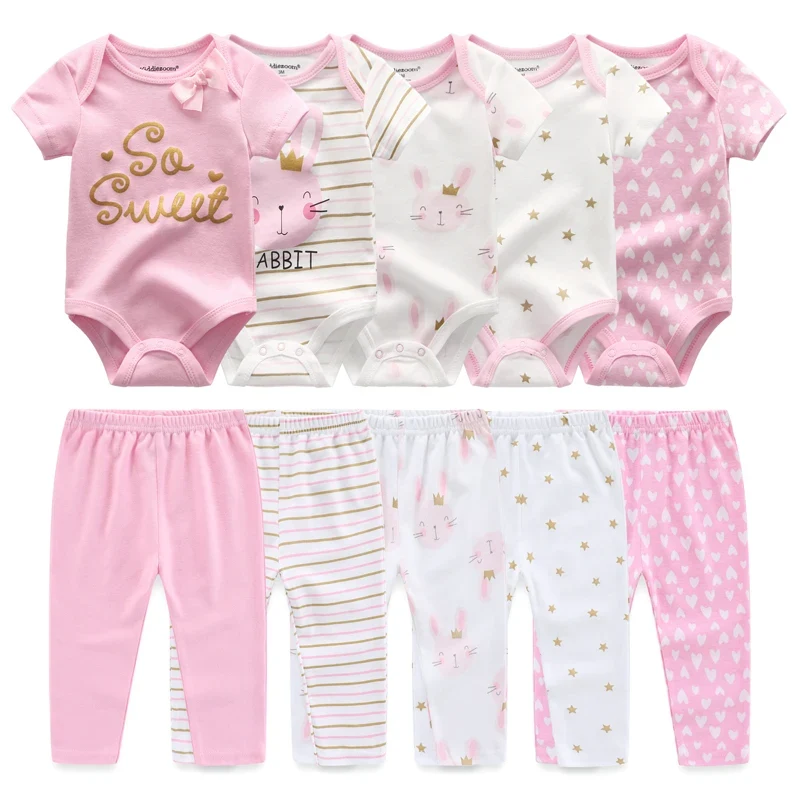 Kiddiezoom 10 Pcs/Lot Four Seasons Fashion Unisex Baby Boy Girl Clothing Set Soft Newborn Bodysuits+Pants Infant Outfit Gift