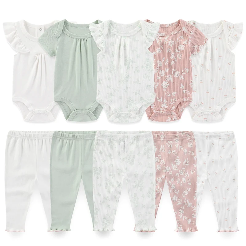 Kiddiezoom 10 Pcs/Lot Four Seasons Fashion Unisex Baby Boy Girl Clothing Set Soft Newborn Bodysuits+Pants Infant Outfit Gift