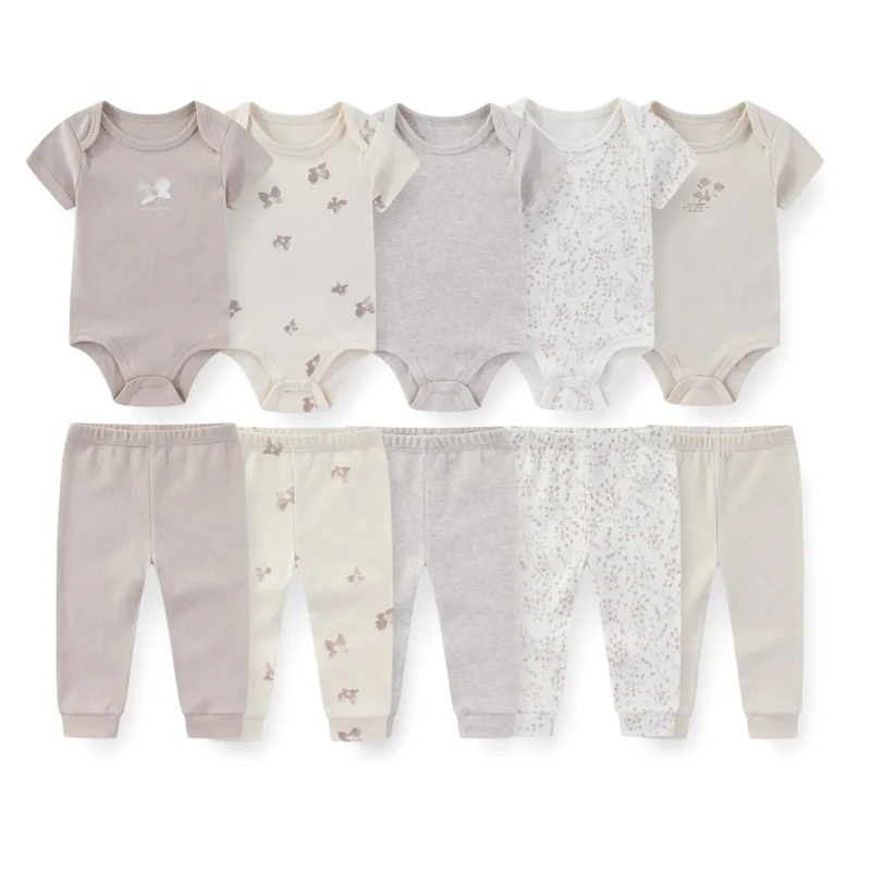 Kiddiezoom 10 Pcs/Lot Four Seasons Fashion Unisex Baby Boy Girl Clothing Set Soft Newborn Bodysuits+Pants Infant Outfit Gift