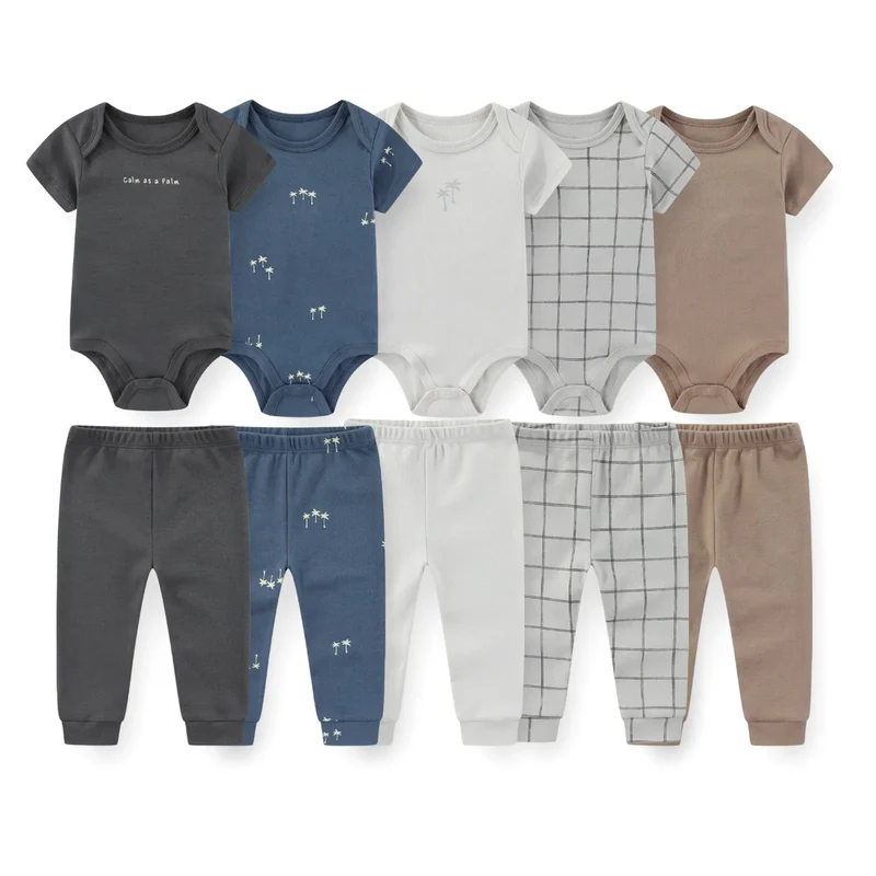 Kiddiezoom 10 Pcs/Lot Four Seasons Fashion Unisex Baby Boy Girl Clothing Set Soft Newborn Bodysuits+Pants Infant Outfit Gift