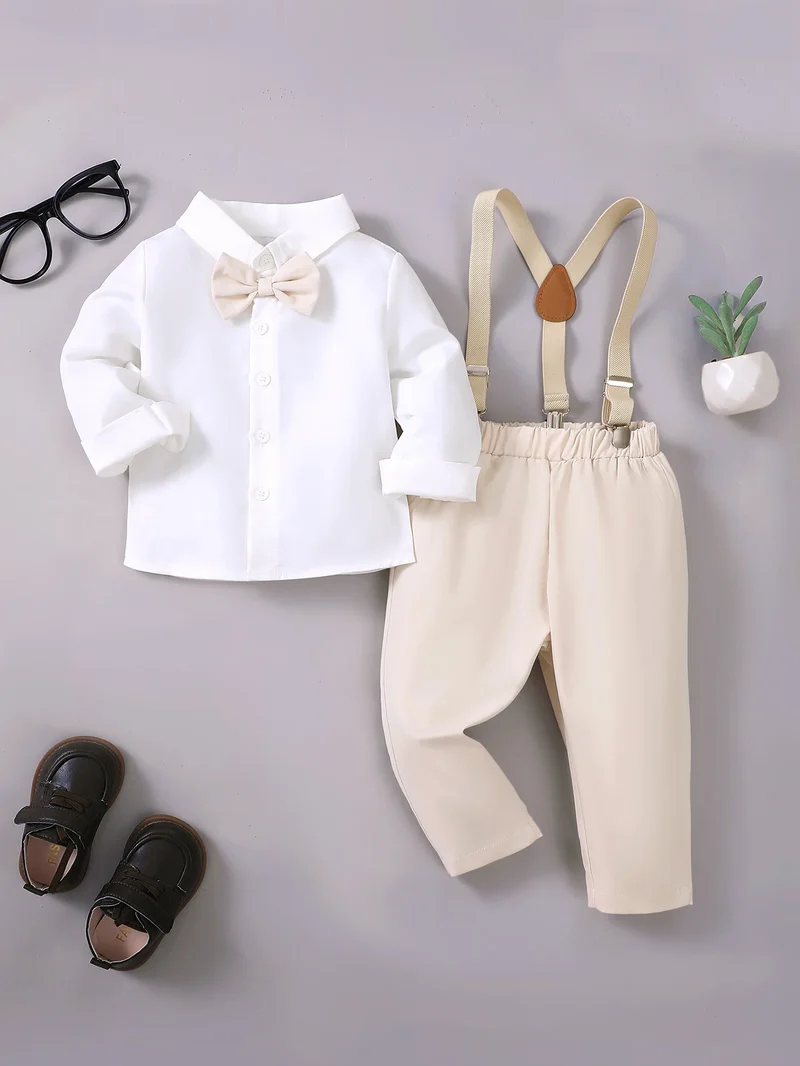 Summer 0-1 Years Old Infant Baby Boys Long Shirt And Strap Pants Little Gentleman 2-Piece Set