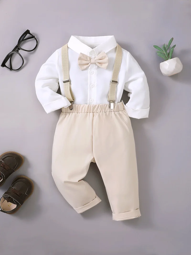Summer 0-1 Years Old Infant Baby Boys Long Shirt And Strap Pants Little Gentleman 2-Piece Set