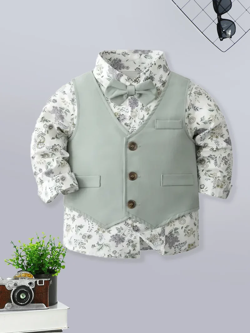 Summer 0-1 Years Old Infant Baby Boys Long Shirt And Strap Pants Little Gentleman 2-Piece Set