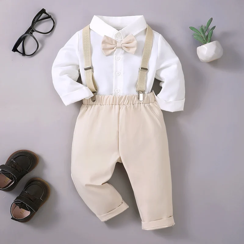 Summer 0-1 Years Old Infant Baby Boys Long Shirt And Strap Pants Little Gentleman 2-Piece Set