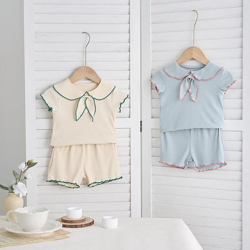 Summer baby girls 2-piece doll neck bow short sleeve top + shorts casual suit