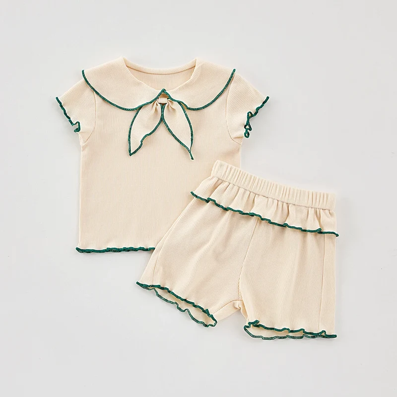 Summer baby girls 2-piece doll neck bow short sleeve top + shorts casual suit